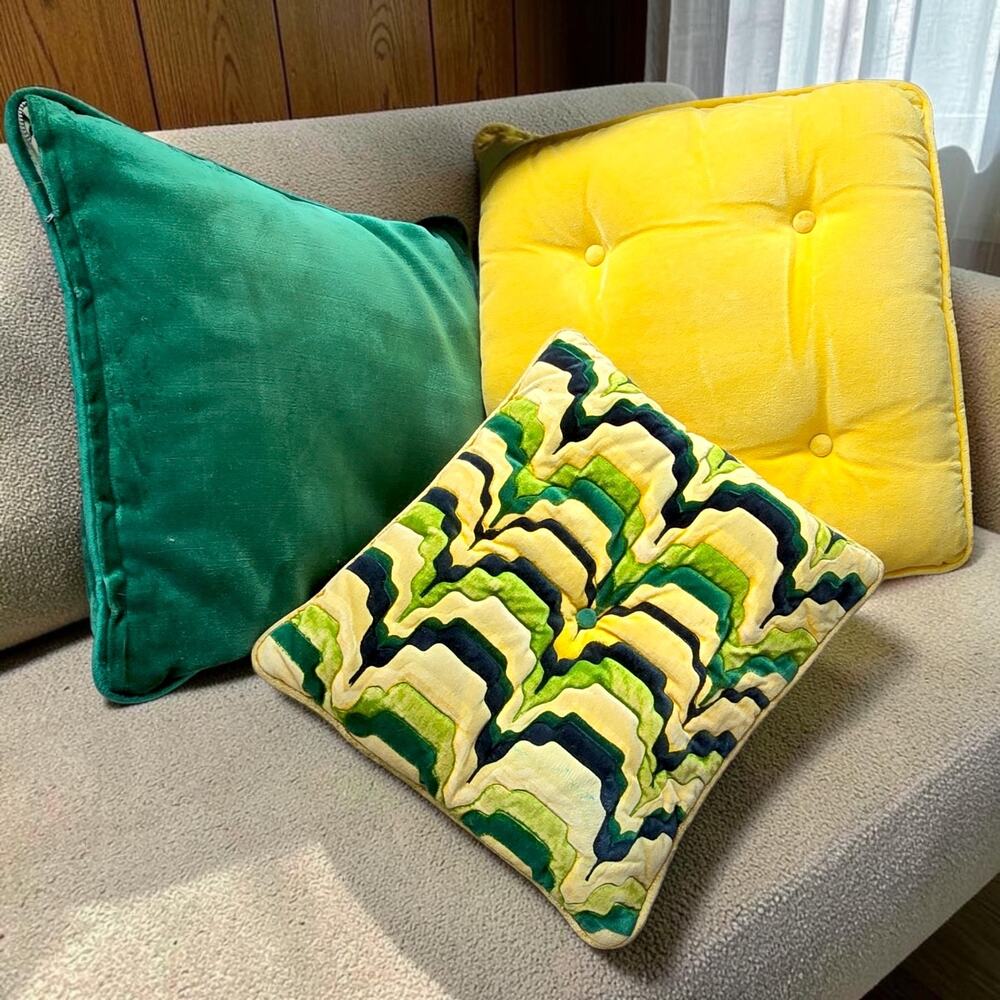 Vintage MCM Velvet Pillow Lot 3 Green Yellow Mod Geometric 14-16.5"